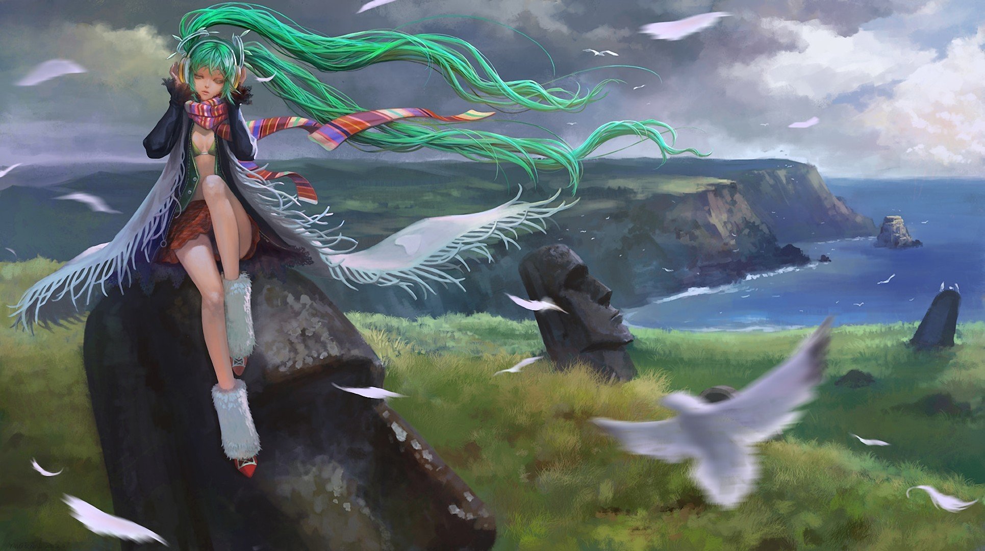 vocaloid hatsune miku art teddy yang girl stones island easter sculpture sitting wind birds feather