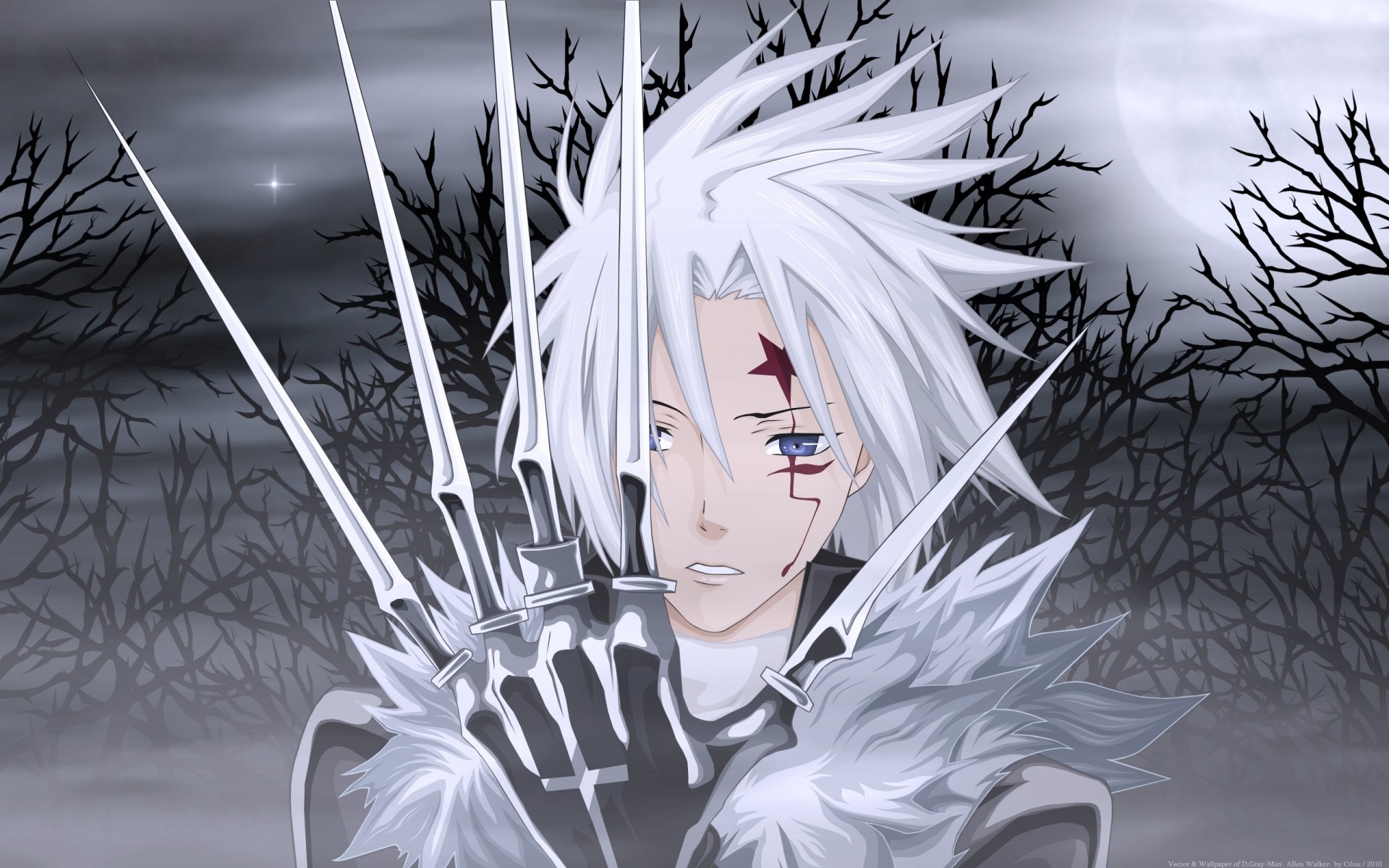 anime d.gray-man allen walker guy night moon tree star