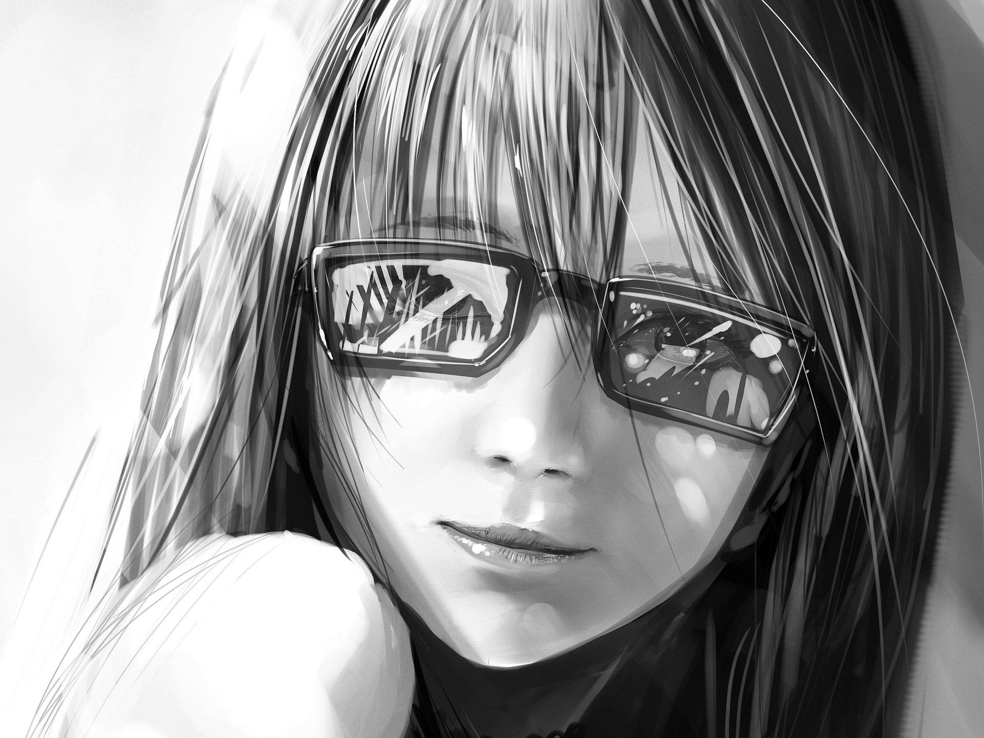 girl smile black and white sunglasses view shoulder negligence in her hair