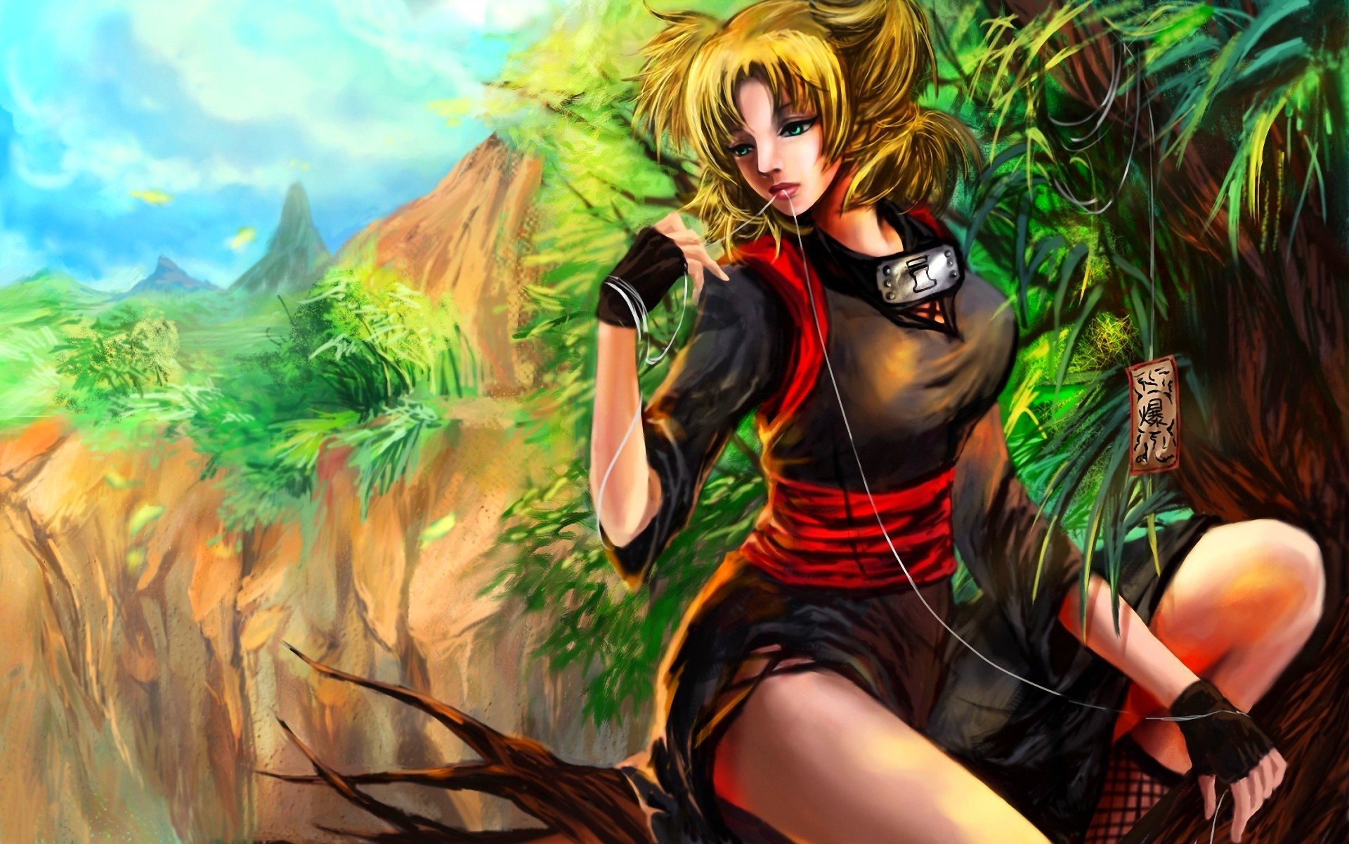 arte rikamello naruto temari ragazza foresta alberi ramo seduta rottura filo