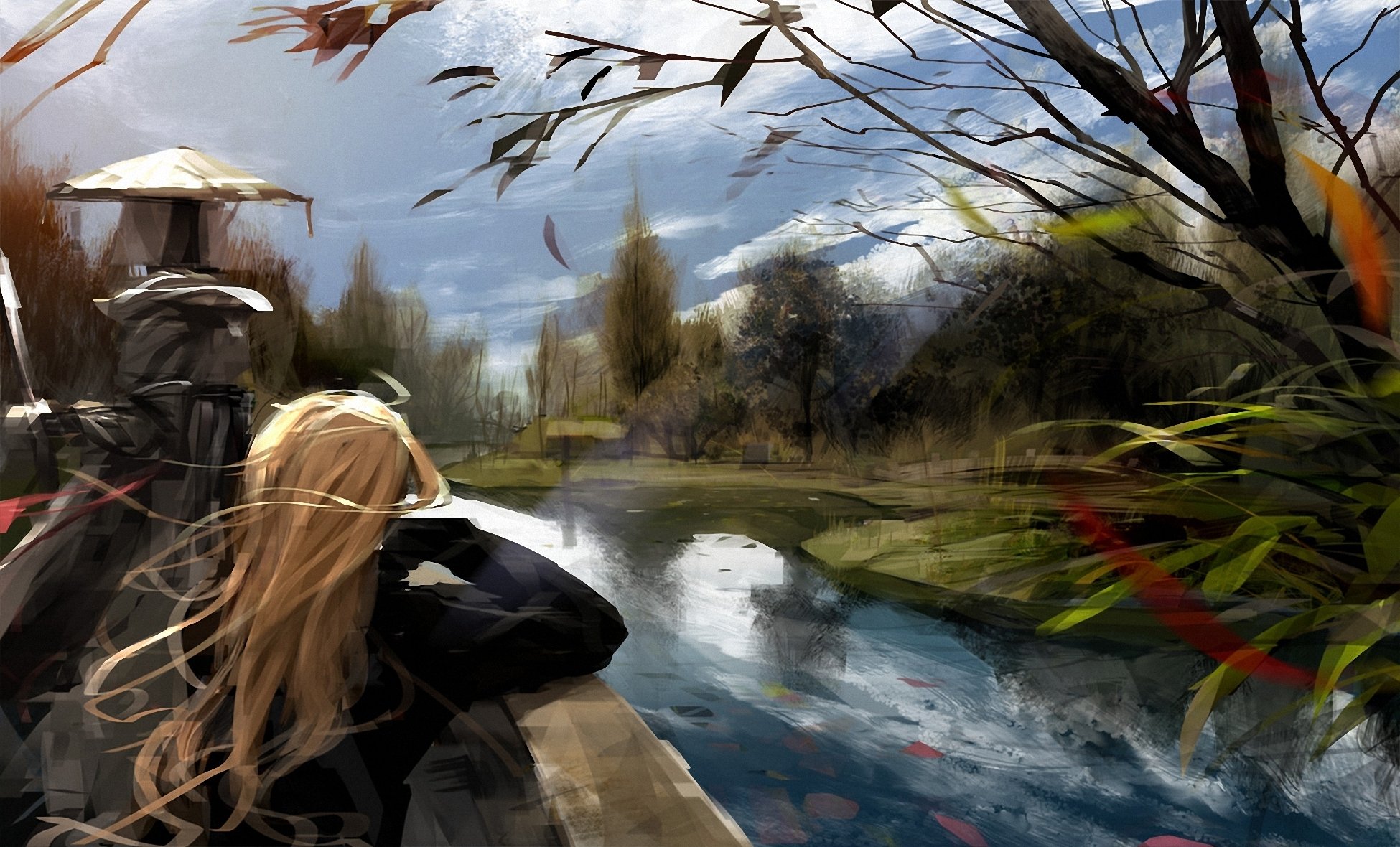 picture art girl long-haired blonde river tree wind cloud