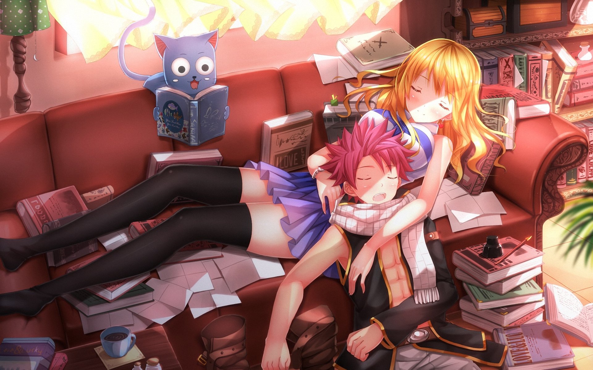 arte swordsouls fiaba felice lucy heartfilia natsu dragneel fidanzato ragazza gatto divano sonno dormire libri