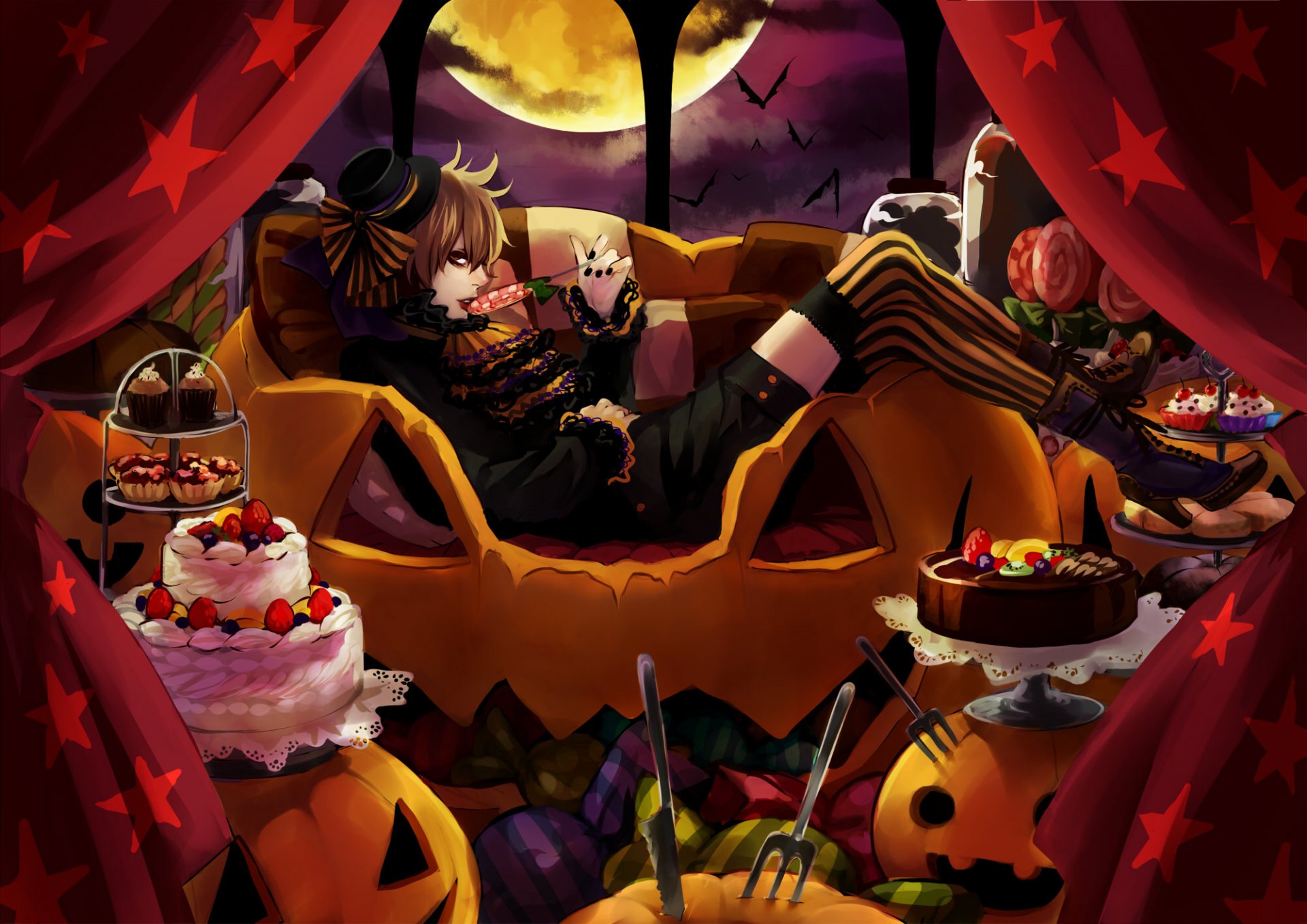 art kuro chiikawa dziewczyna halloween dynie ciasto lizak słodka sofa widelce zasłony noc księżyc