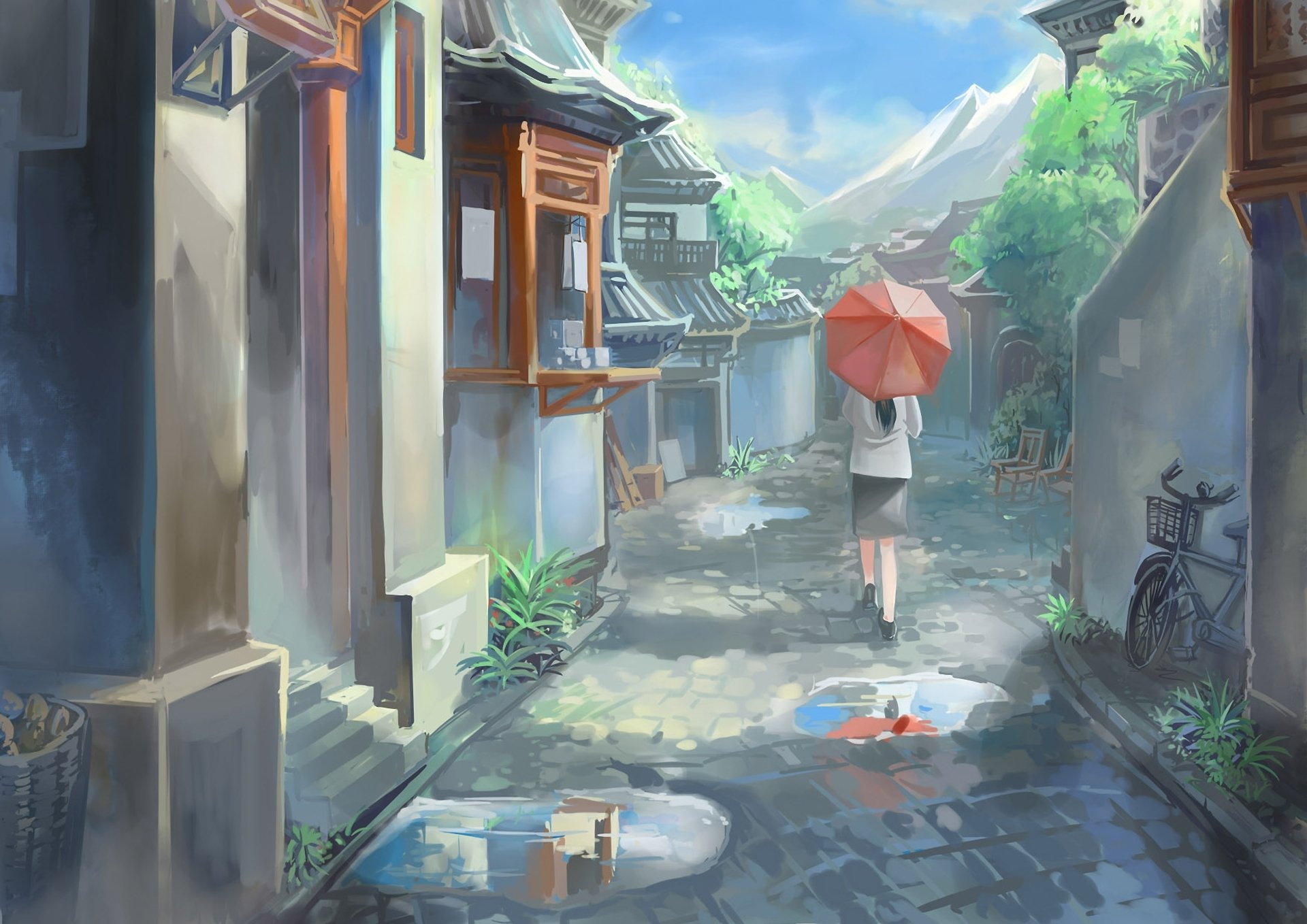 art drawing streamingsun city houses summer umbrella umbrella girl puddles mountains bicycle