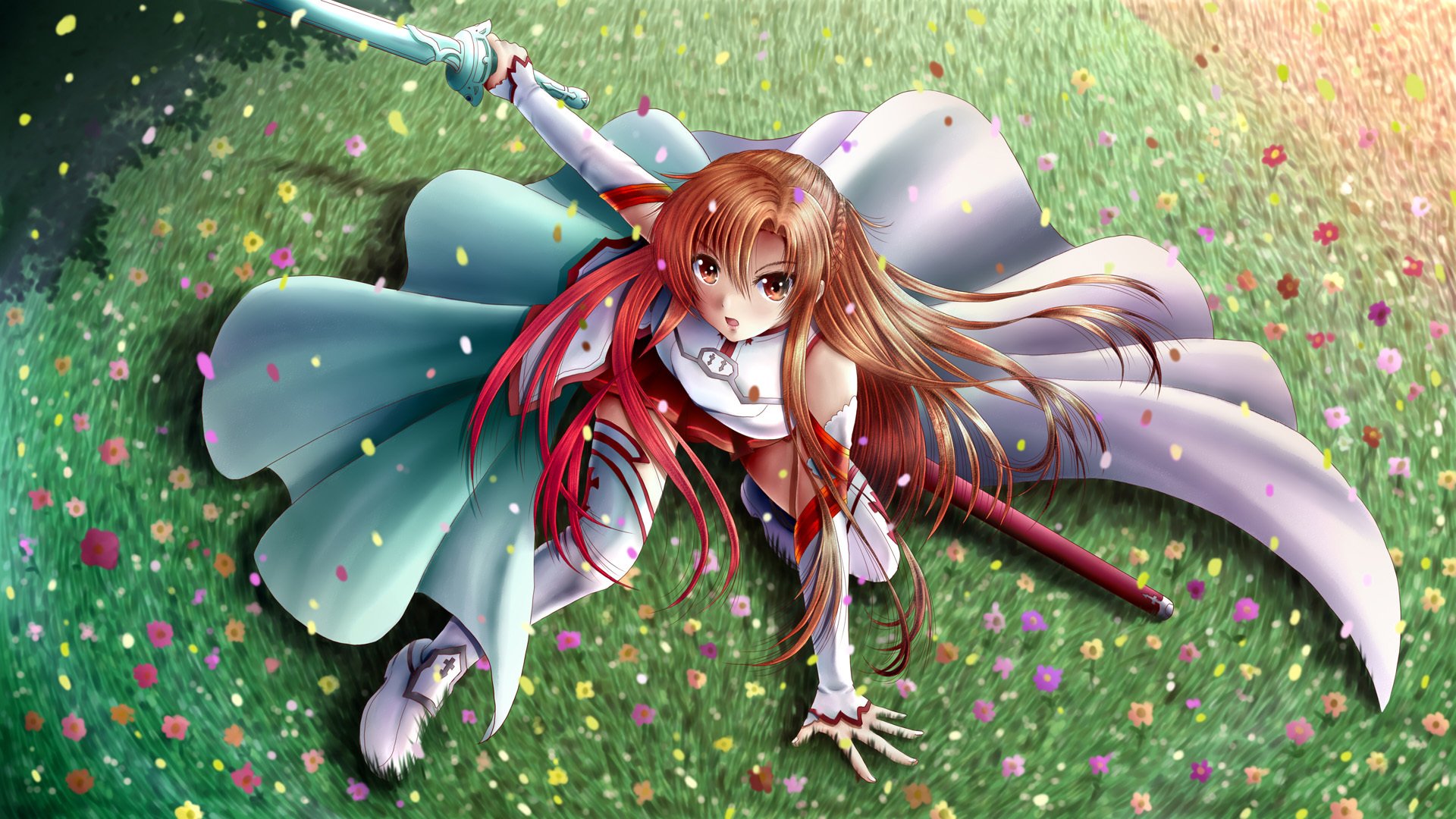 arte ilolamai asuna espada de arte en línea chica hierba flores espada