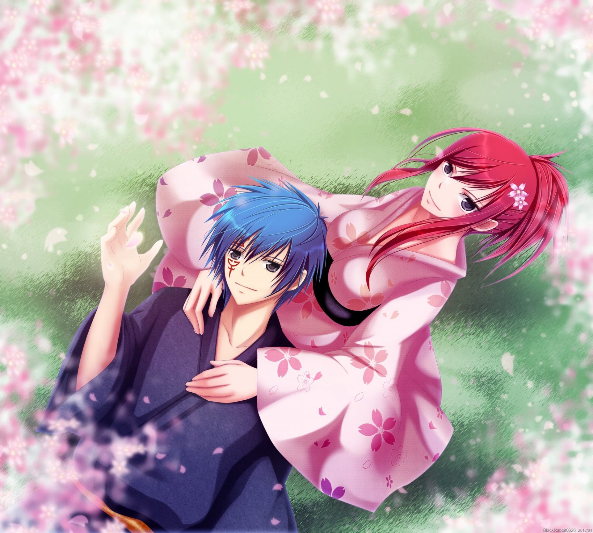 anime conte de fées erza scarlet jellal fernandez conte de fées sur la queue de fée garçon fille sakura pétales nature kimono