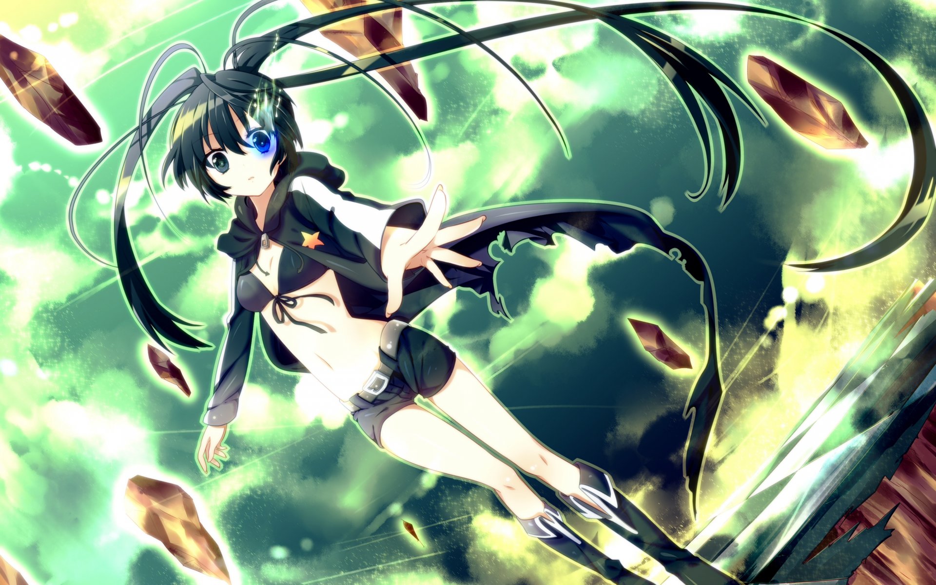 anime black rock shooter black rock shooter mato kuroi sky clouds hand girl art asterisk