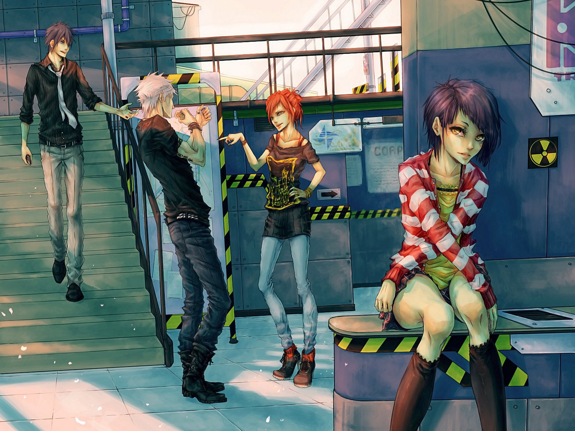 girl short hair men smile purple hair yellow eyes sitting orange hair looking at the viewer petals silver hair shoes jacket belt orange eyes tattoo bracelet high shoes socks standing bang jean