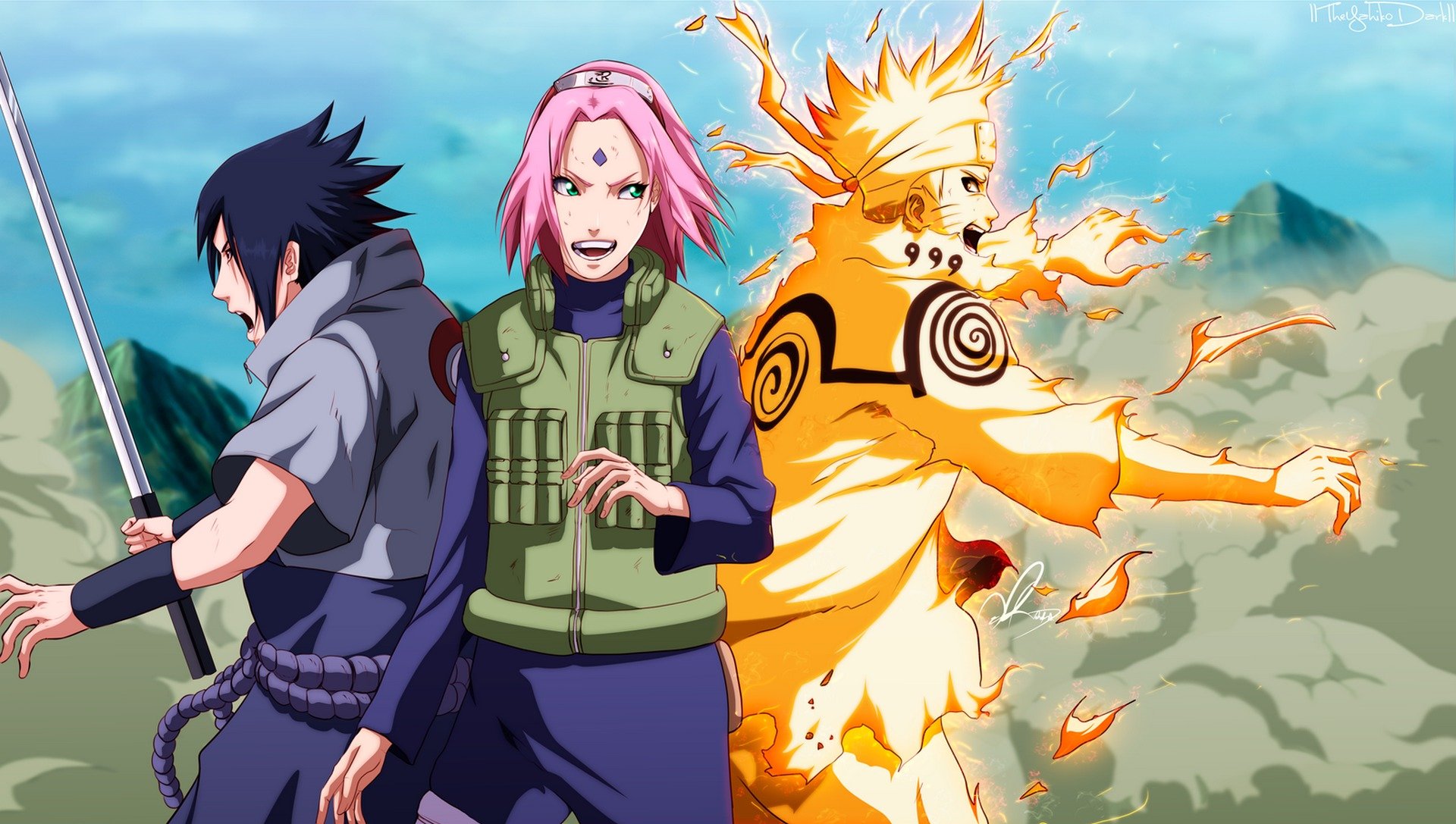 arte anime naruto uzumaki naruto sasuke chica haruno sakura katana armas magia arañazos