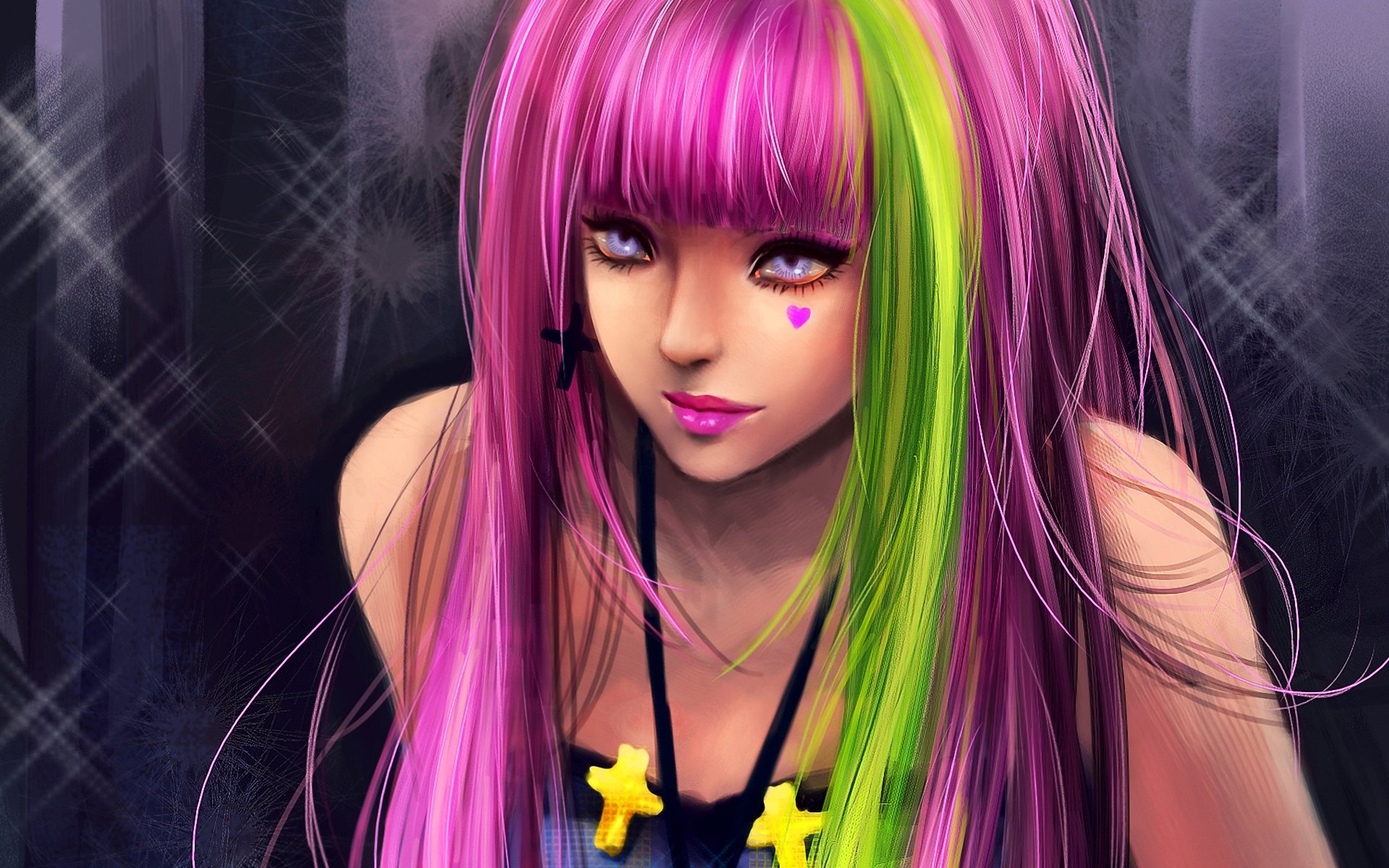 art rikamello girl pink hair lock green heart cro