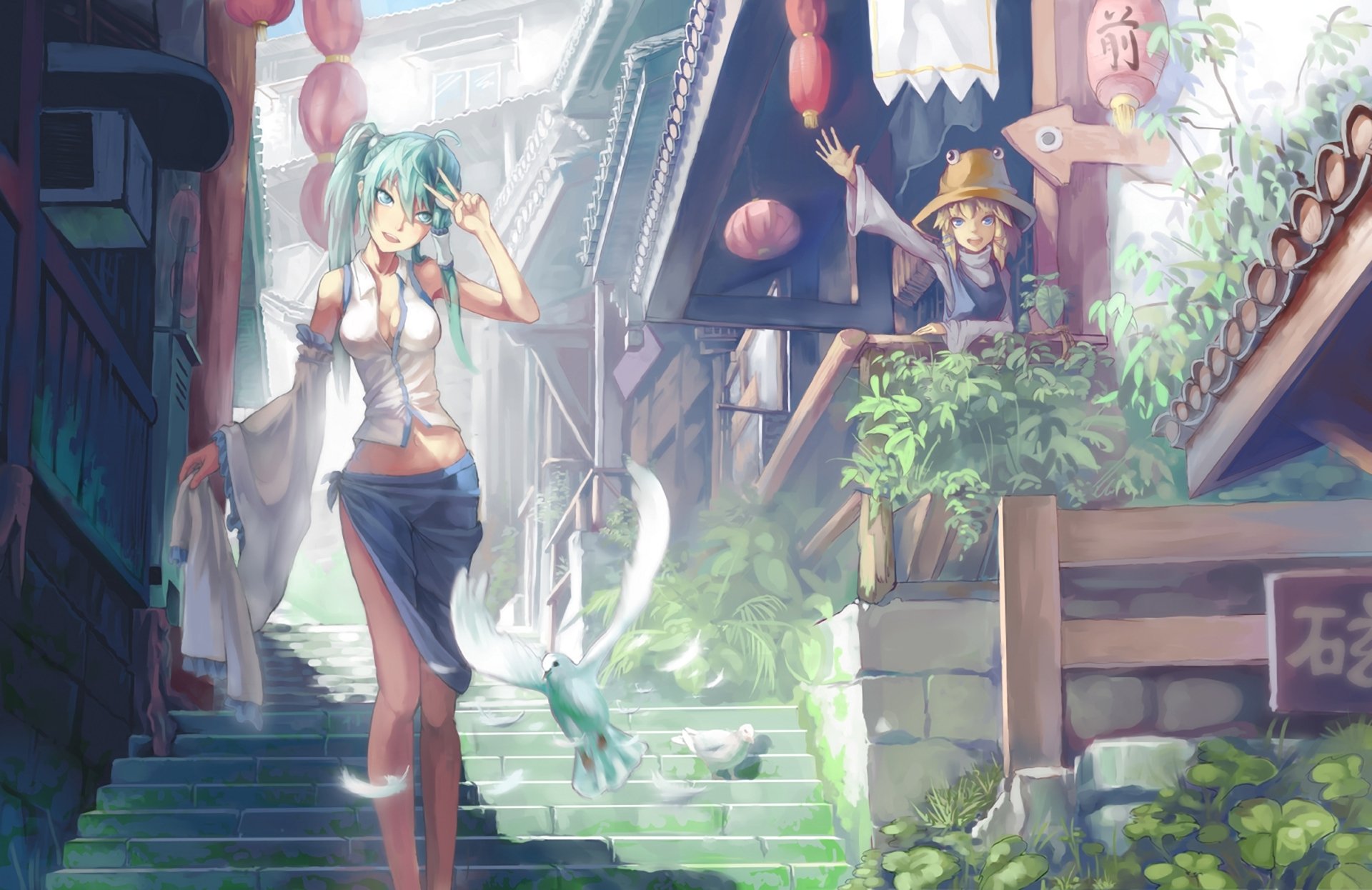 touhou moriya suwako kochiya sanae filles salutation gestes rue oiseaux verdure