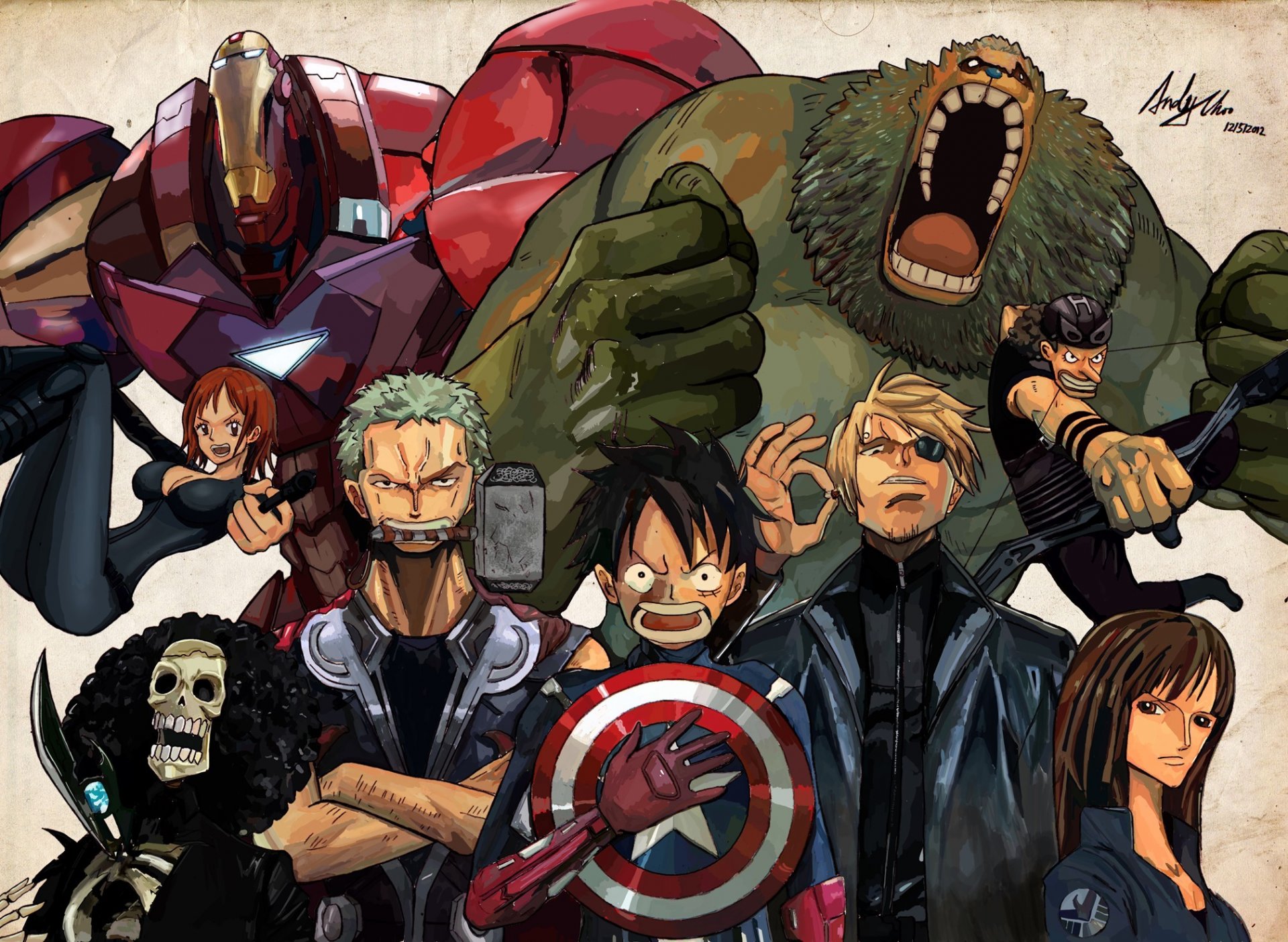 ein stück mugivars avengers hulk iron man captain america thor loki luffy piraten schild