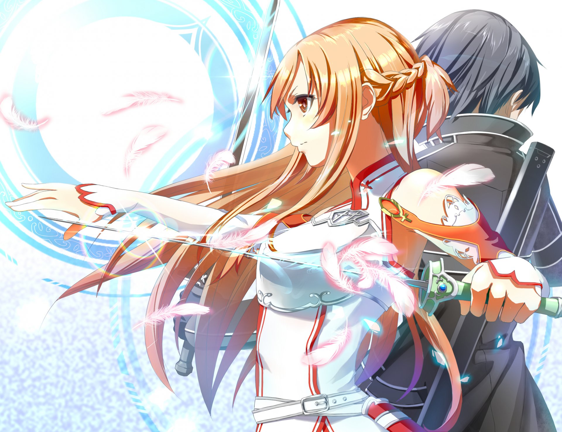 word art online asuna yuki art kirito kirigaya kazuto black hair braids feather gloves long hair orange hair red eyes short hair sword