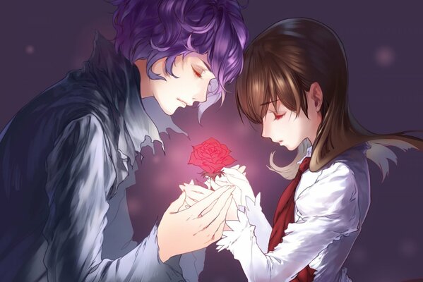 A guy and a girl opposite each other holding hands and holding a rose in their hands