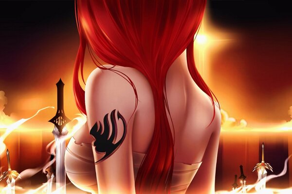 Fairy tale. A girl with a sword and a tattoo in the sunset