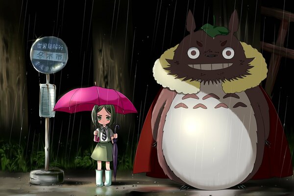 Totoro and the girl with the pink umbrella