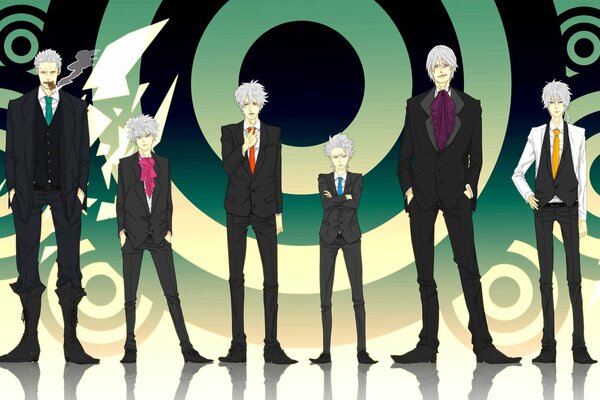 Anime characters stand in a row in black suits