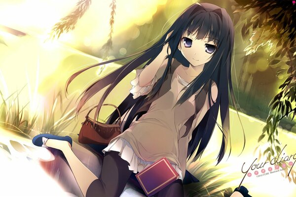 Anime, a girl in nature is resting