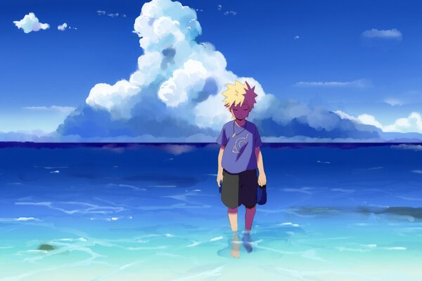 Anime ragazzo sul mare blu