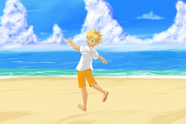 Anime boy on the beach looks back