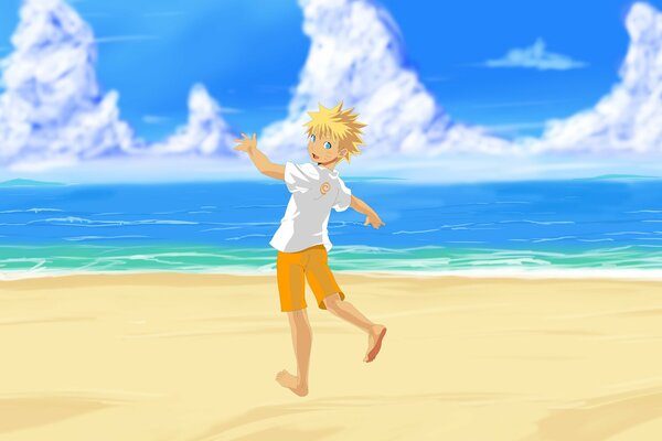 Anime Boy sur la plage regarde en arrière