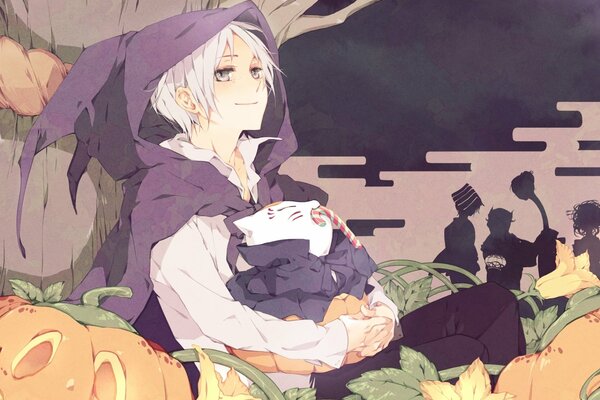 Beautiful anime girls with a baby next to pumpkins