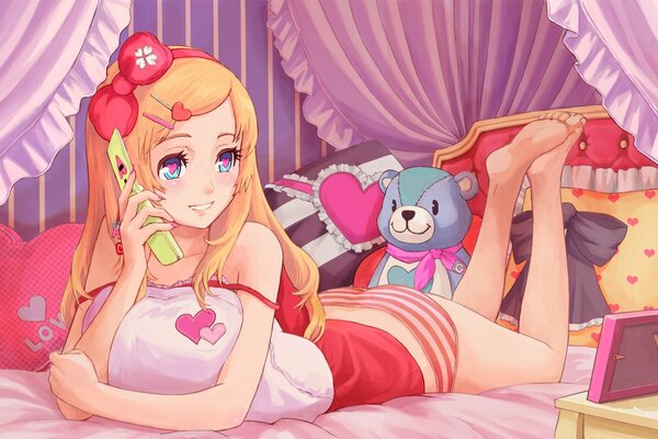 Cute girl chatting on the phone on the bed