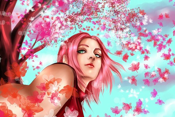 A girl with pink hair in sakura flowers