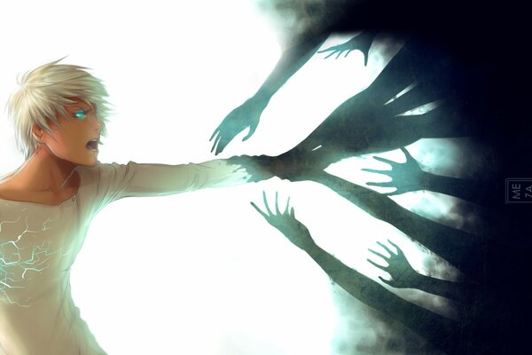 Las manos de la sombra se extienden hacia el chico del anime