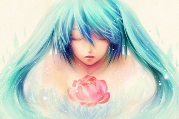 Drawing of a girl with blue hair and a red flower