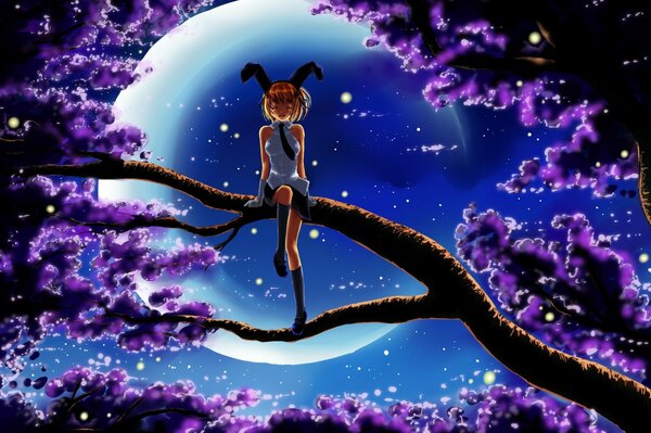 Sztuka dziewczyny na gałęzi w nocy na tle księżyca