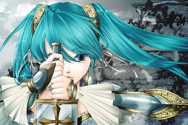 Hatsune Muku with ponytails with a sword in his hands
