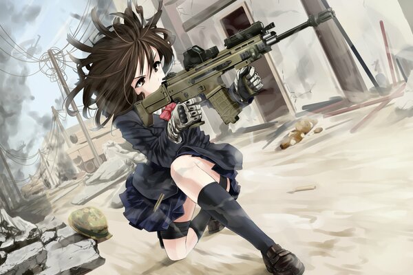 Anime girl with a gun in the desert