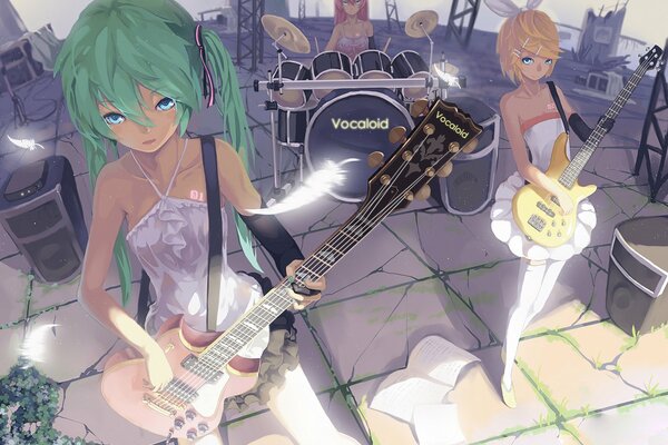 Cartoon image of girls playing guitars and drums