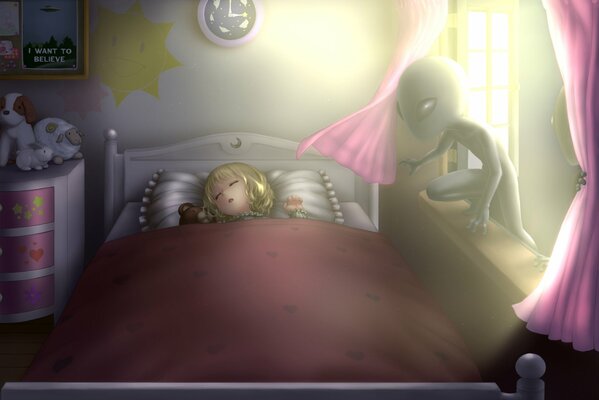 The alien looks at the sleeping girl