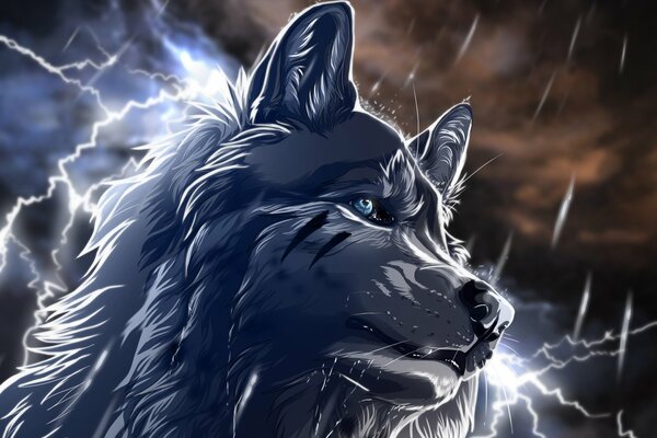 Lobo solo por la noche durante una tormenta eléctrica