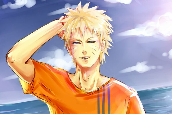 Sorridente Naruto sulla riva. Cielo viola dietro il ragazzo. Bionda da anime sorriso