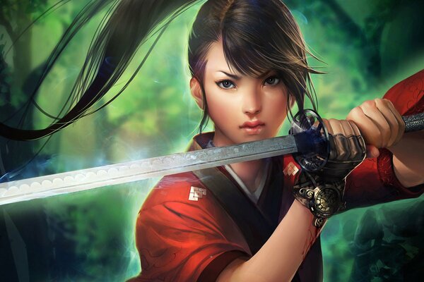 Девушка в красной одежде с мечом в руках в лесу