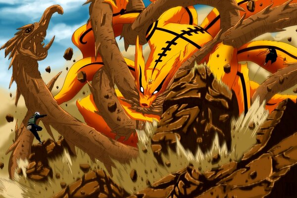 An anime drawing from Naruto, two dragons are fighting