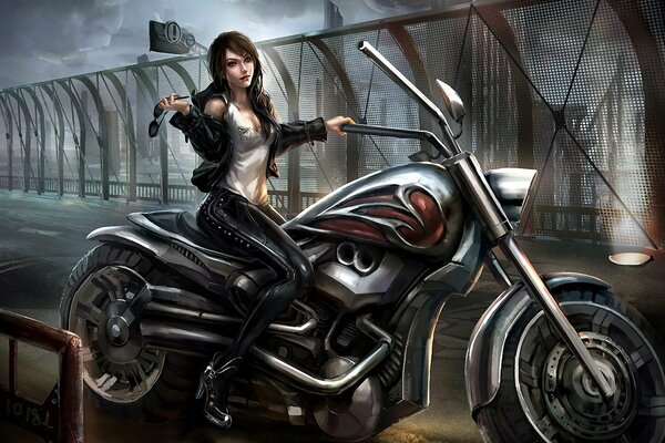 Art of a girl on a motorcycle standing on a bridge