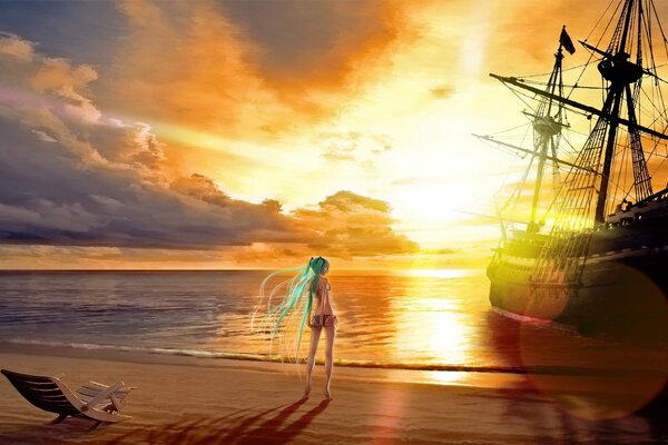 Chica en la orilla de la puesta de sol nubes