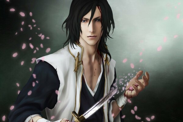 Anime guy with a dagger made of petals