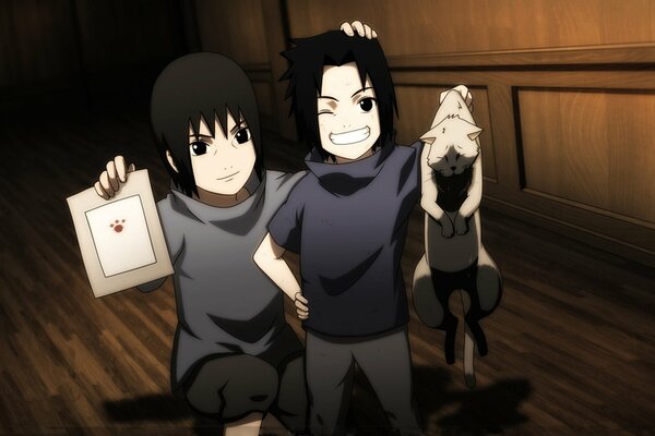 Uchiha Sasuke und Uchiha Itachi mit einer Katze