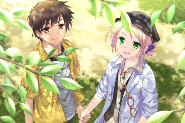 Pareja de personajes de anime tomados de la mano