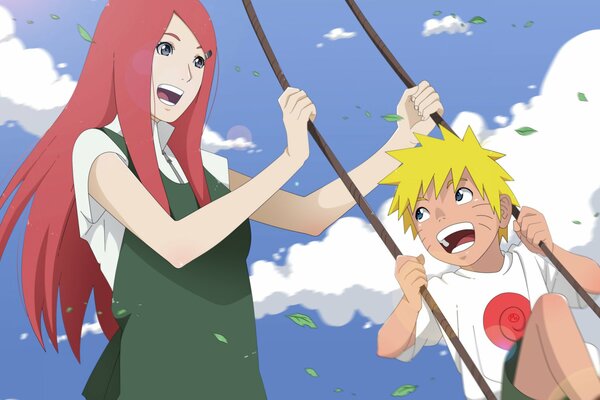 Anime naruto happiness on a sunny day on a swing
