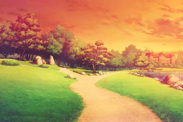 Anime sunset on a background of green grass