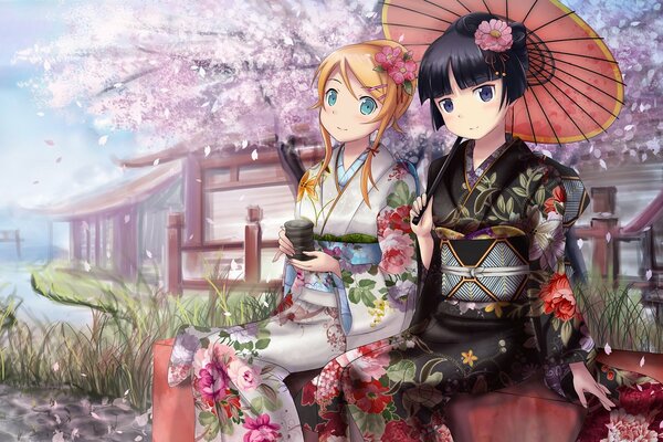 Tea ceremony of girls in kimono