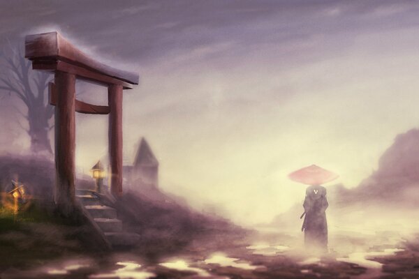 Image of a male samurai in the fog