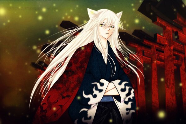 Анимешный персонаж с кошачьими ушками в кимоно