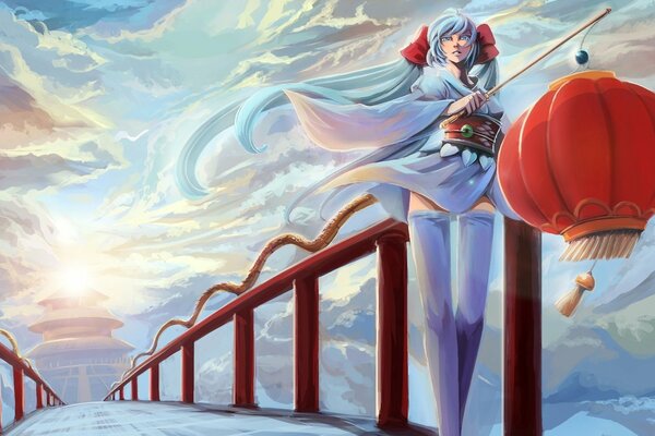 Hatsune Miku en kimono en el puente del templo